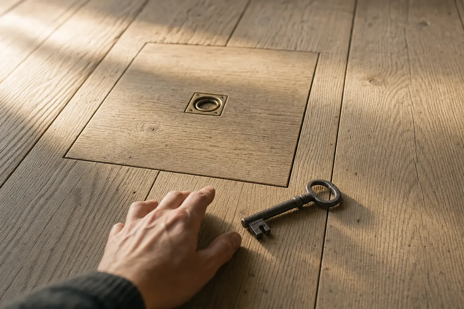 A closed wooden floor hatch set into bare light-wood boards, a worn iron key lying beside it and a hand reaching in from the frame edge — where the data lives, and who holds the key to it.