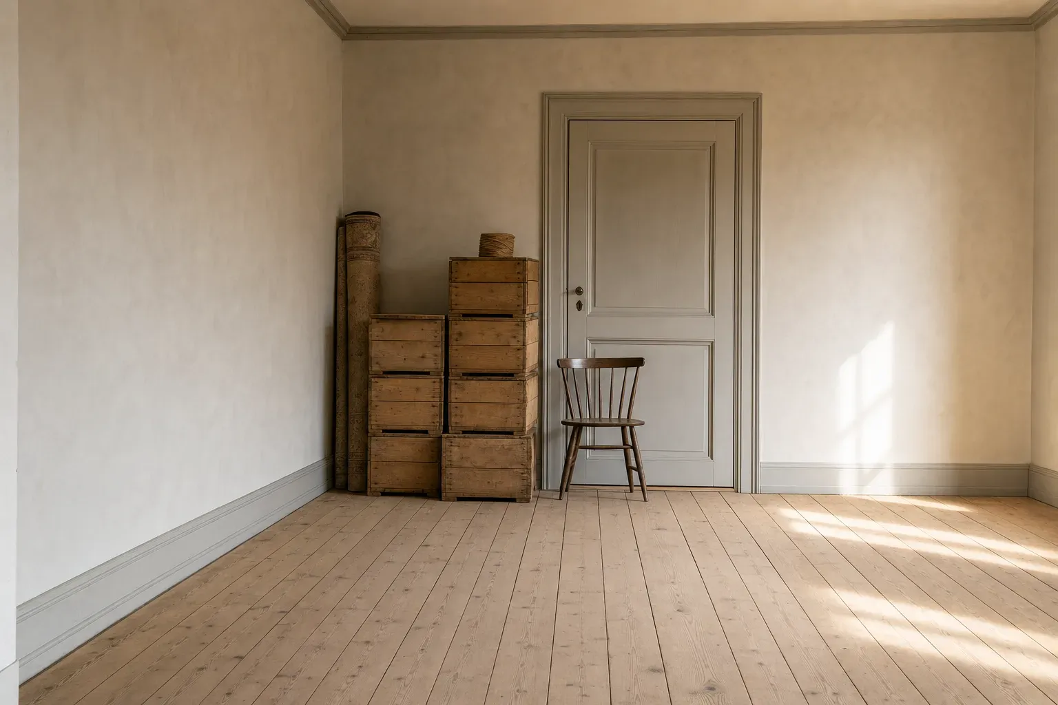A bare emptied room with wooden packing crates stacked and closed against a shut door, a rolled rug leaning beside them and one empty chair turned toward it — everything ready to go, waiting on a date somebody else set.