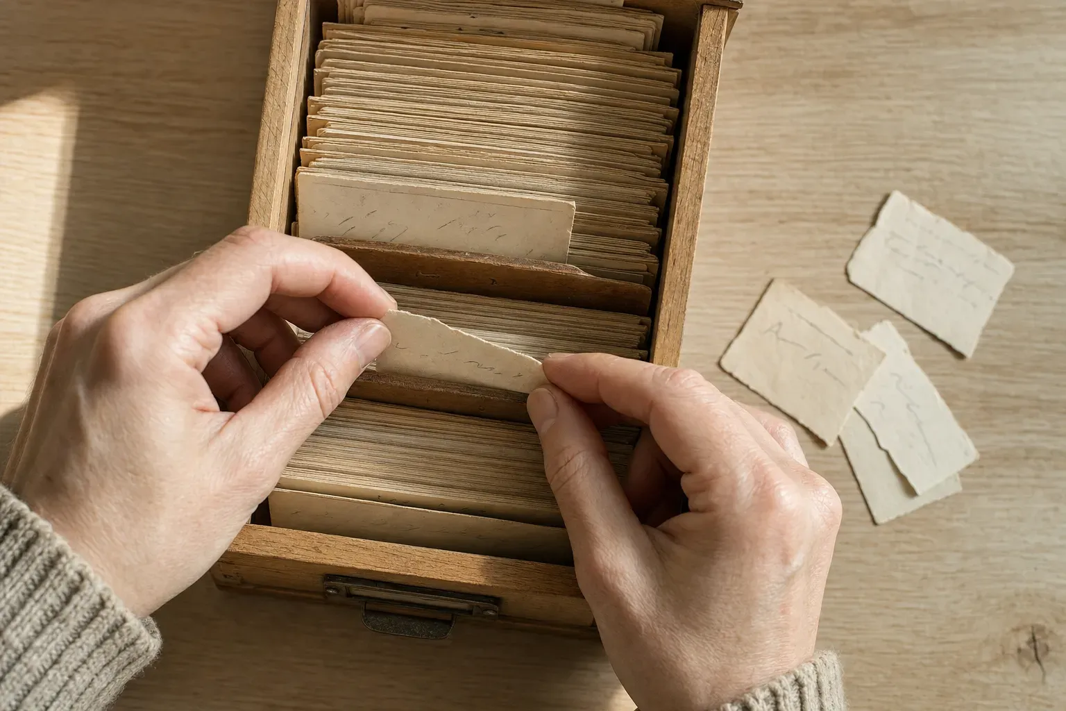 Overhead macro of hands sliding a small torn slip of paper into the rank of cards in an open wooden card-index drawer on a kitchen counter, a few loose slips scattered beside it — the answer given once, filed where the next person can find it.