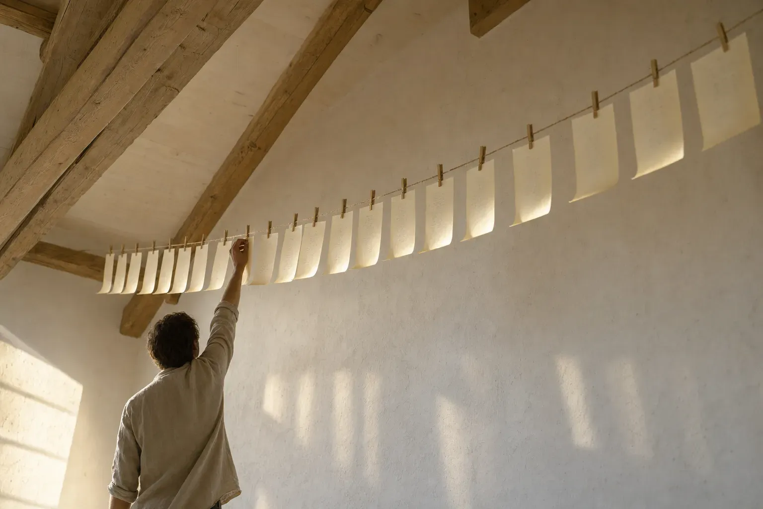 Seen from below, a row of blank cream paper sheets pegged along a twine line strung between light-wood ceiling beams, backlit and glowing, with a figure reaching up to lift one down — a night's work drafted and hung, none of it gone anywhere until someone decides.