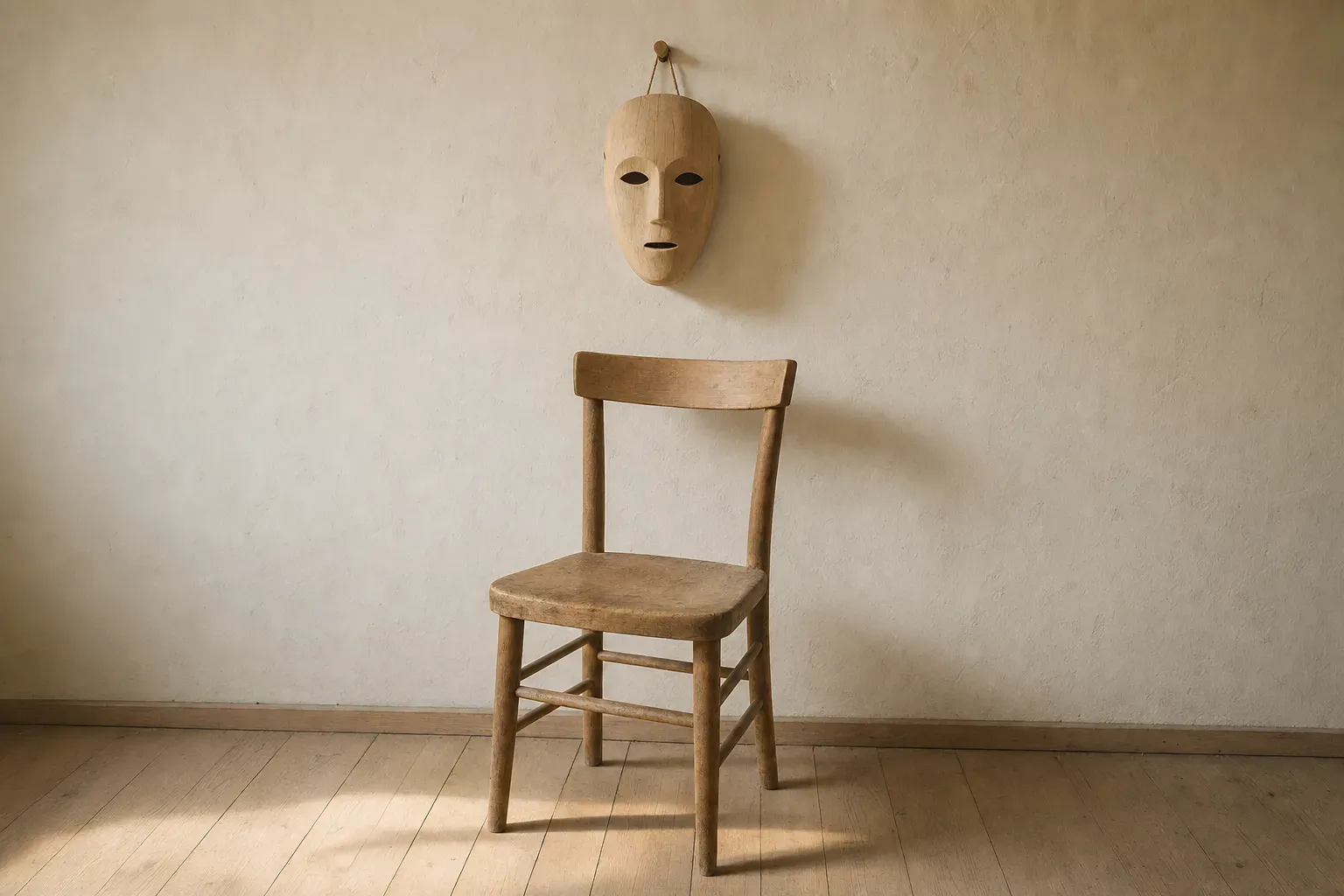 A plain undecorated carved wooden face mask hanging on a peg against a bare plaster wall, an empty wooden chair on the floor beneath it — the disguise left hanging, and nobody using it.