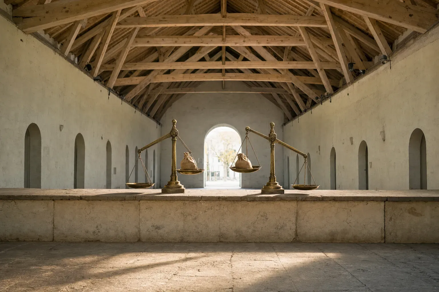 Two brass balance scales standing side by side on a long stone counter in an empty market hall, each holding an identical sack but resting at different angles — the same goods weighed twice, with two different answers.
