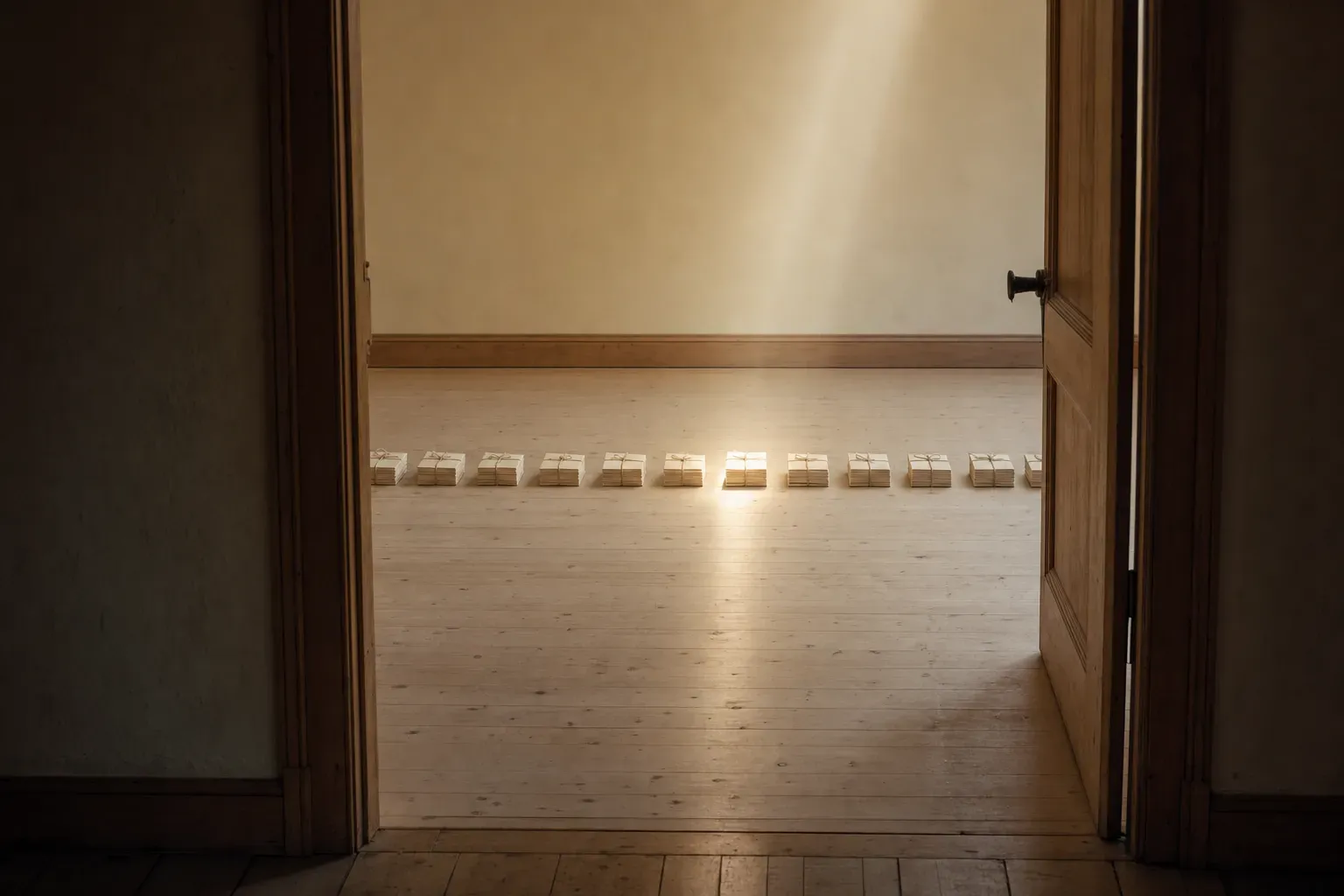 Seen through an open doorway from a dim room, a row of identical twine-tied paper bundles on a pale wood floor with a single shaft of daylight falling on just one of them — of everything published, the one that did the work.