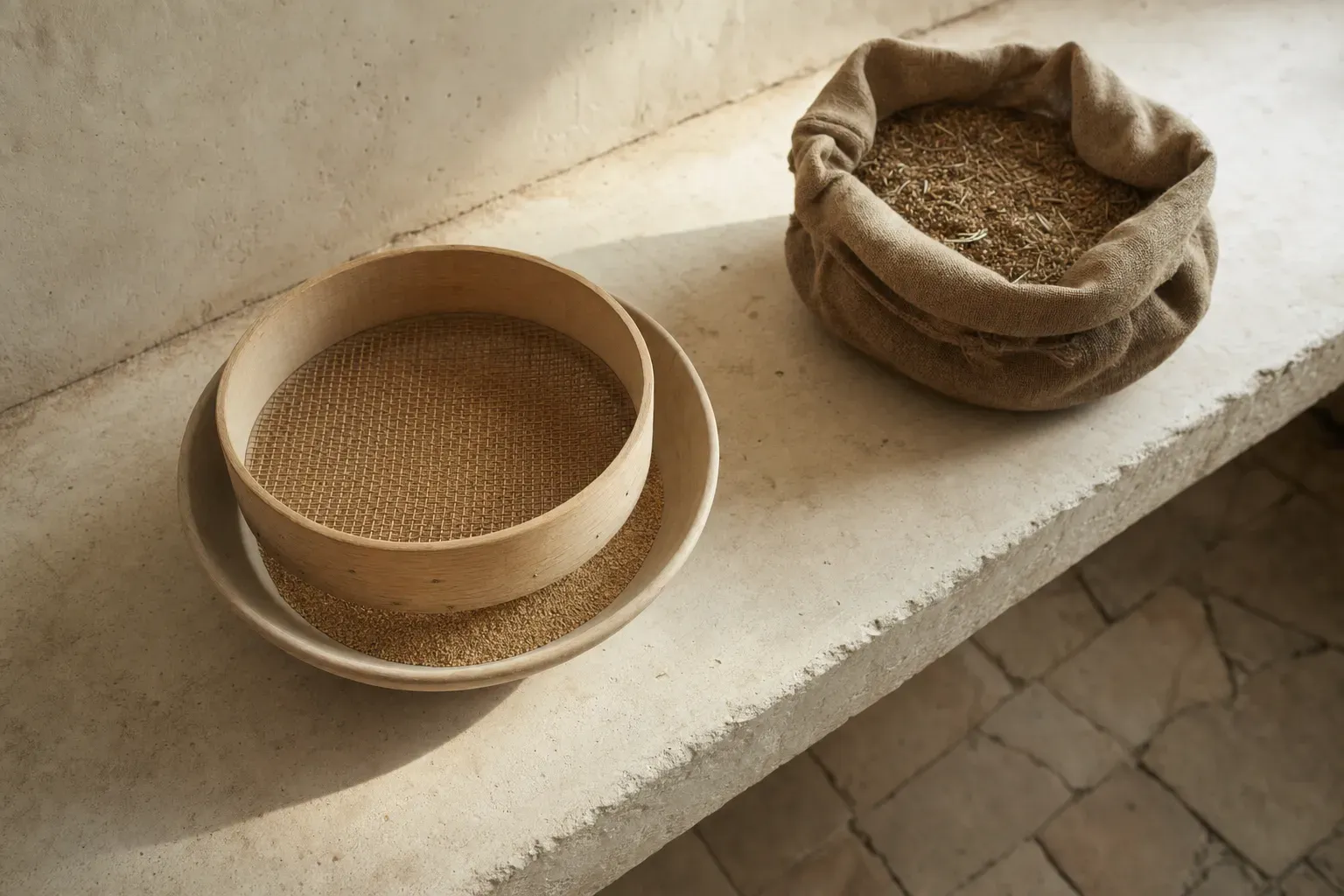 Seen from directly overhead, a wooden grain riddle resting across a shallow bowl of clean sifted grain on a stone pantry shelf, with an open sack of raw unsorted grain set apart beside it — only what passed through the sieve is in the bowl anyone reaches into.