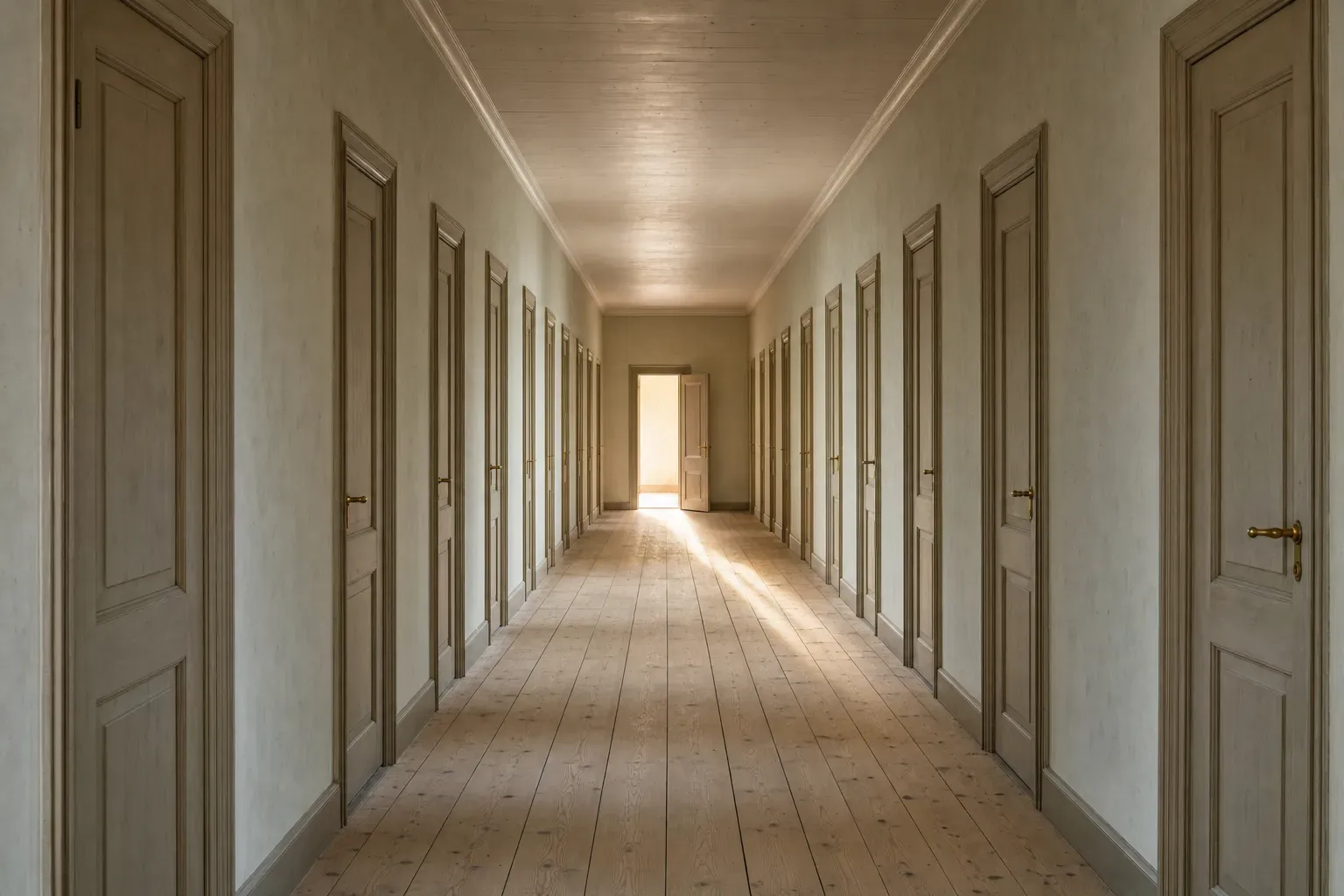 A long corridor lined on both sides by a dozen identical closed wooden doors receding into the distance, with a single open door at the far end spilling warm daylight across the floor — a menu of interchangeable options, and the one that actually leads somewhere.