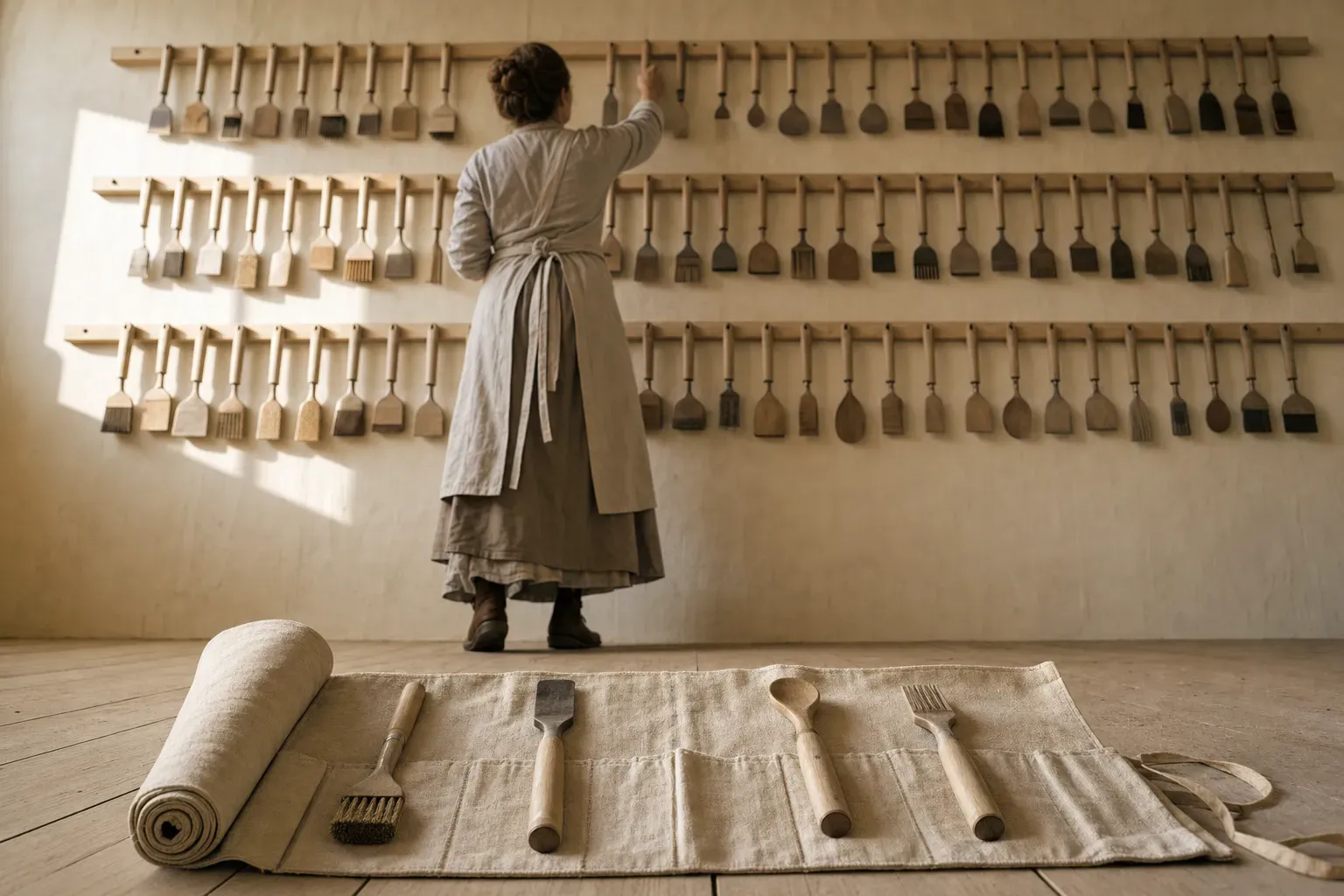 Seen from floor level looking up, a tall wall rack holding about thirty identical plain hand tools, with an open canvas tool roll on the floor below holding only four of them and a standing figure reaching up for a fifth — the whole catalogue overhead, and the few this job actually needs.