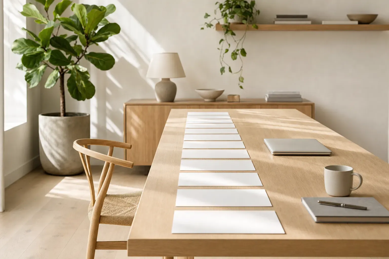 A row of ten crisp printed pages laid out along a pale oak table in a bright modern Scandinavian room, a pen resting untouched on a closed notebook, and one contemporary chair pulled back empty at the head of the table — the drafting is done, the approver has not sat down.