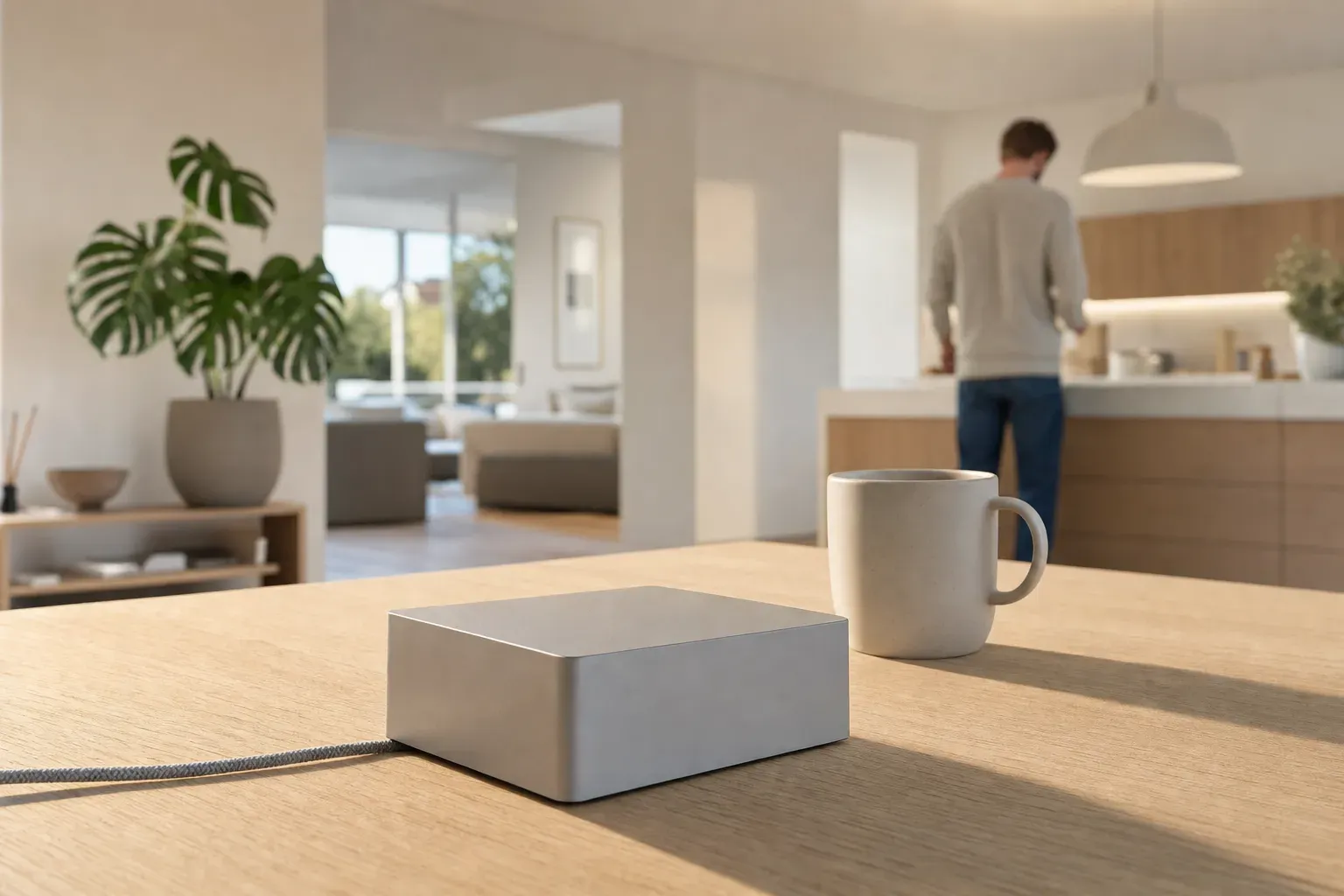 A small plain matte grey box the size of a hardback book sitting alone on a pale oak kitchen island in a bright modern home, one braided cable running off the counter edge, a person softly out of focus at the far counter — the whole platform, running on one machine in your own house.