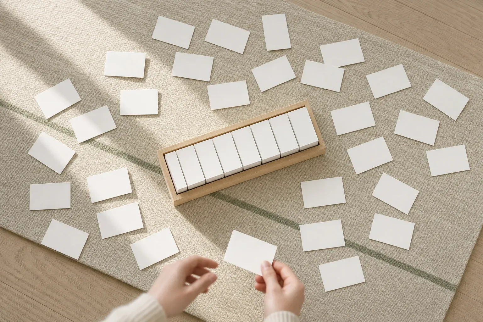 Seen from directly overhead, a slim oak tray on a cream wool rug holds a packed upright row of eight blank white cards, while about twenty-five identical cards lie loose across the rug around it and a hand at the frame edge lowers one more onto the floor beside the tray.