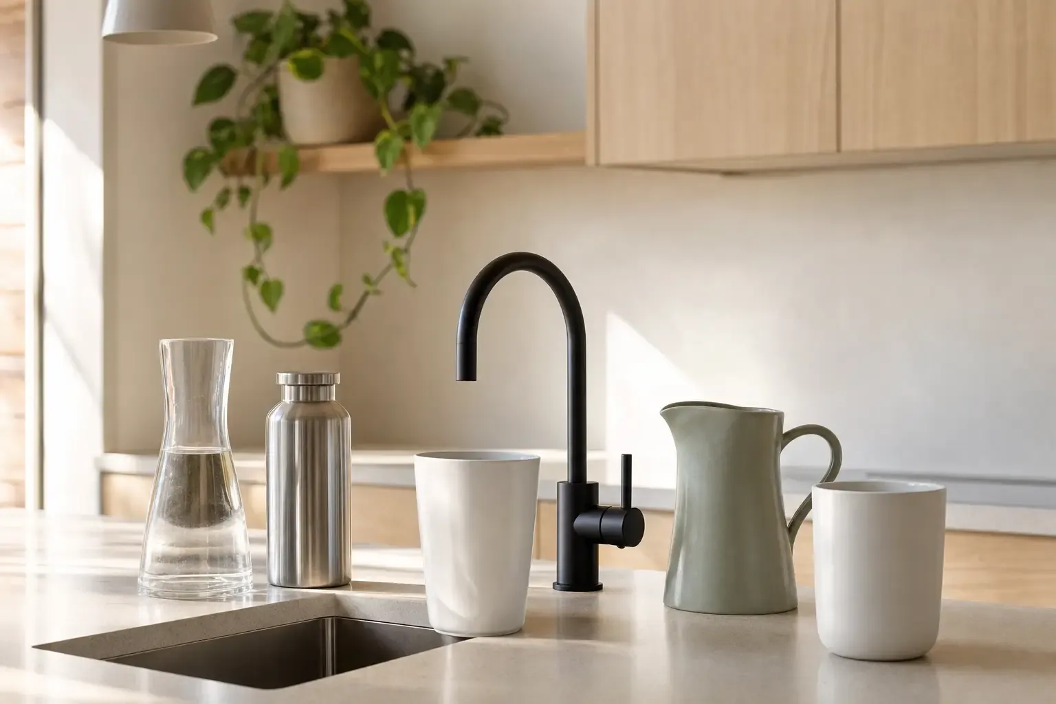 Four completely different modern vessels — a glass carafe, a steel flask, a sage ceramic jug and a white porcelain beaker — set around one plain matt black tap on a bright contemporary kitchen worktop, each waiting its turn at the same fitting: one shared standard nobody owns.