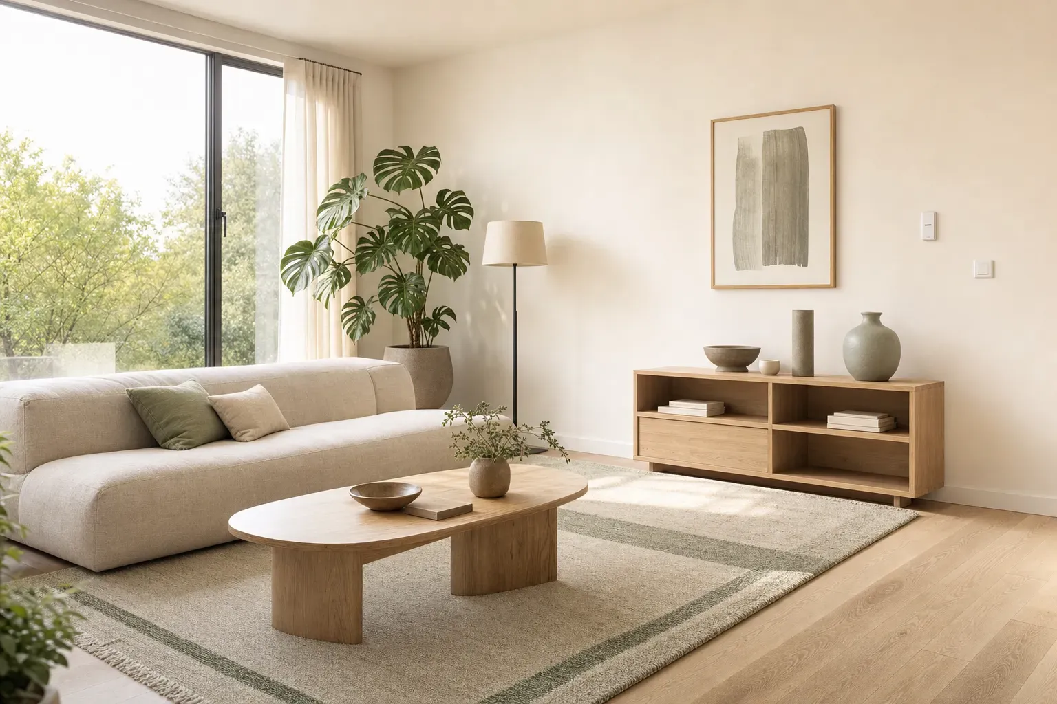 A wide view of a bright modern living room — oatmeal sofa, monstera, pale oak floor, tall window — with one small blank white prepayment meter mounted on the far plaster wall beside the light switch, the only odd thing in a room that is already yours.