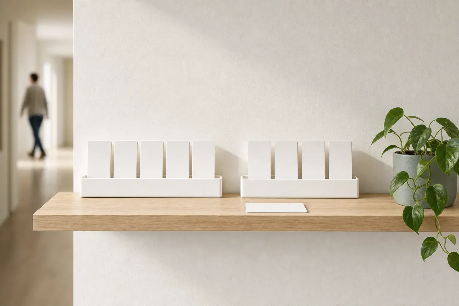 Shot square-on and close, a floating pale-oak shelf in a bright modern hallway holds a slim ceramic holder of plain white cards standing in a row, with one gap where a card has been taken out and laid flat beside it, and a figure walking past far behind — a record you can remove a row from.