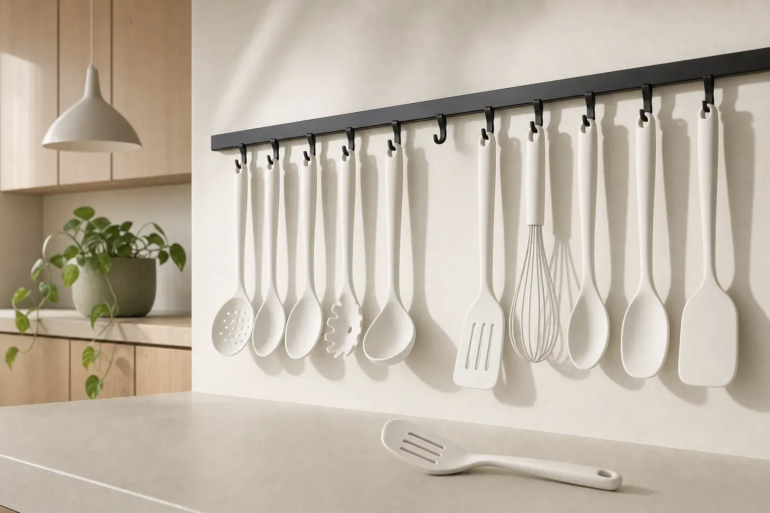 Seen from low and looking up, a slim matt black rail on a white plaster wall in a bright modern kitchen holds an even row of identical plain white implements, one hook in the middle empty, and the one that came off it lying alone on the worktop below — the catalogue as the working surface.
