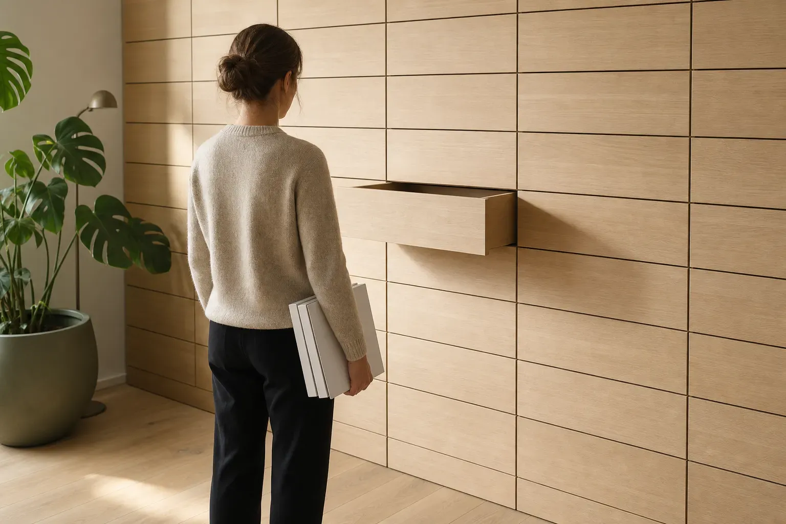 Seen from behind in a bright modern home office, a woman stands before a floor-to-ceiling pale oak wall of dozens of identical closed drawers with exactly one pulled open, three plain white folders held at her side — a whole catalogue available, three things actually taken out.