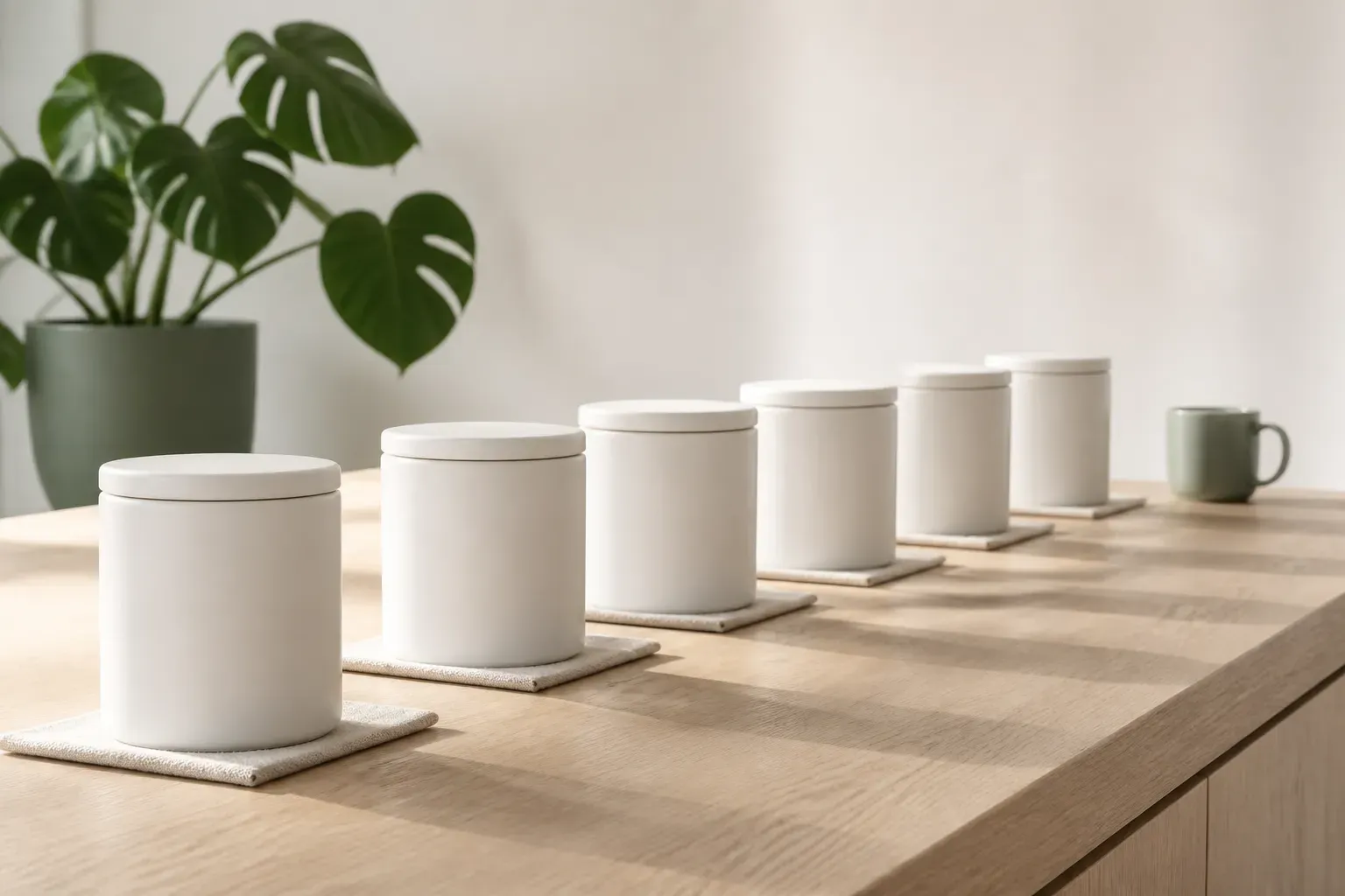 Six identical closed matte-white ceramic canisters stand evenly spaced and separate along a pale oak kitchen island in warm morning light, each on its own linen square, each casting its own shadow — ten clients, ten boundaries, rather than ten sections of one container.