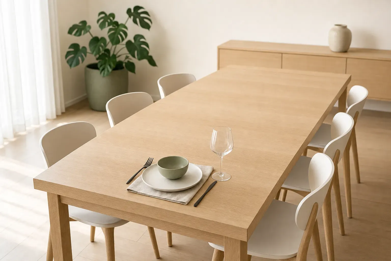 A long pale oak dining table in a bright modern apartment with one place setting laid completely and beautifully — linen napkin, white ceramic plate, glass, precise cutlery — and the five other places left entirely bare: one thing finished to a high standard, and everything it does not cover.