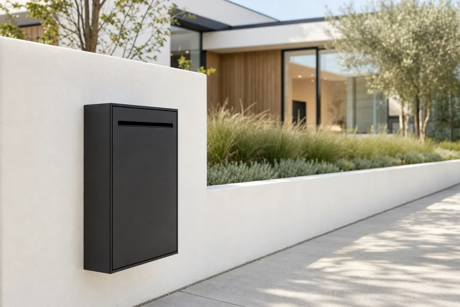 A slim matte-black modern letterbox mounted flush on a white rendered wall right at the pavement edge, with a contemporary pale-oak-clad house set well back and out of focus behind it — the box stands where the street can reach it, not where the house is.