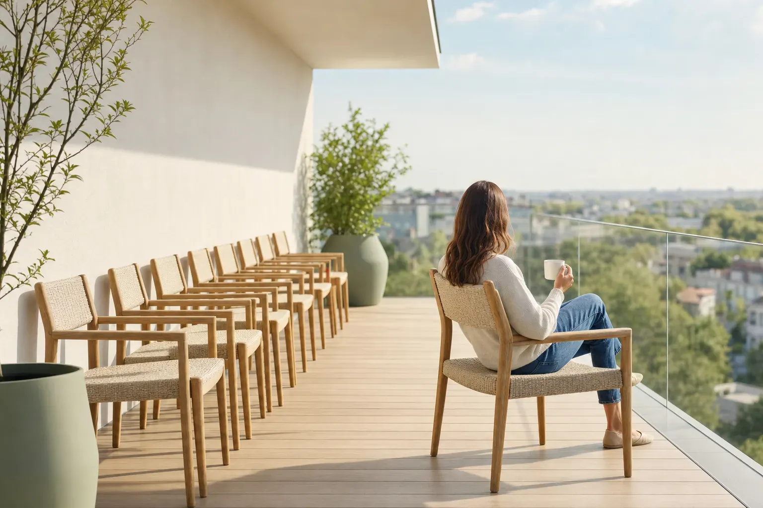 A row of identical pale oak chairs stands empty against the white plaster wall of a bright modern balcony, while one chair has been pulled out to the glass balustrade where a woman sits with a coffee looking over the city — a whole set paid for, one seat actually in use.