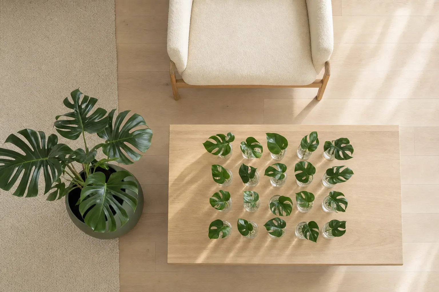 Seen from directly above: one big healthy monstera in a single sage-green planter on a pale oak floor, and on the coffee table beside it a grid of twenty small glass vessels each holding one cutting of the same plant, an empty cream armchair pulled up — one thing, twenty containers.