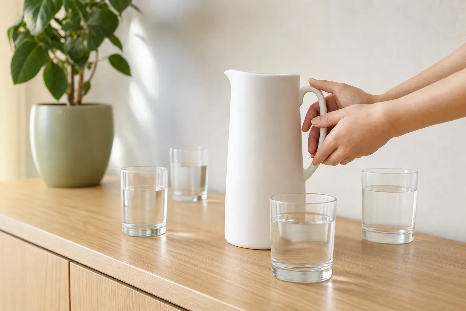 Low and close along a pale oak sideboard in warm morning light: one plain white ceramic jug, four identical glasses of water standing at different places around it, and a pair of hands at the right frame edge still resting on the jug's handle — four channels, filled from one source.
