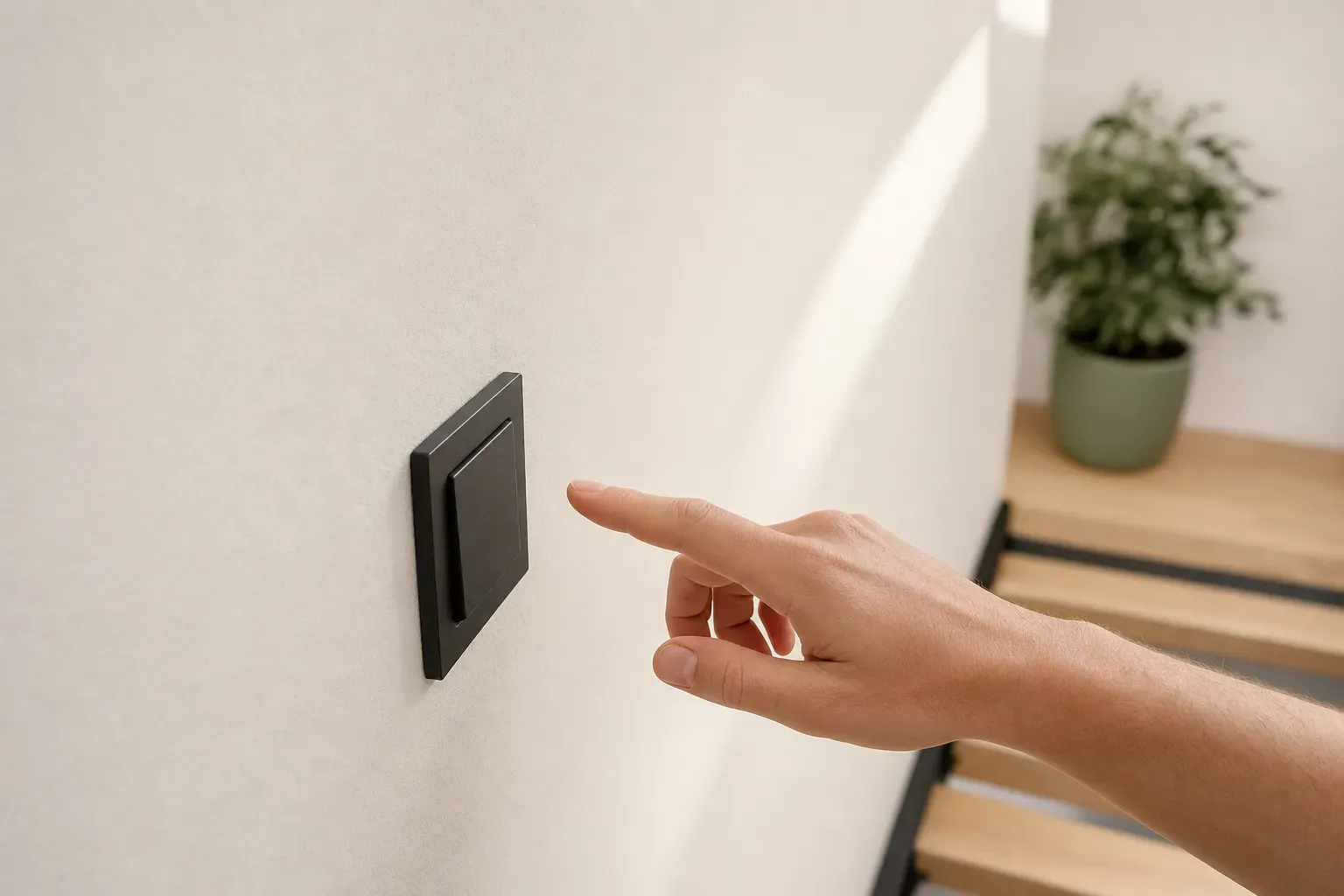 Tight macro on a white plaster stair landing wall: one slim matte-black light switch, and a single hand entering from the lower right with the index finger hovering just short of it, everything around it finished and still — the last decision, not yet made.