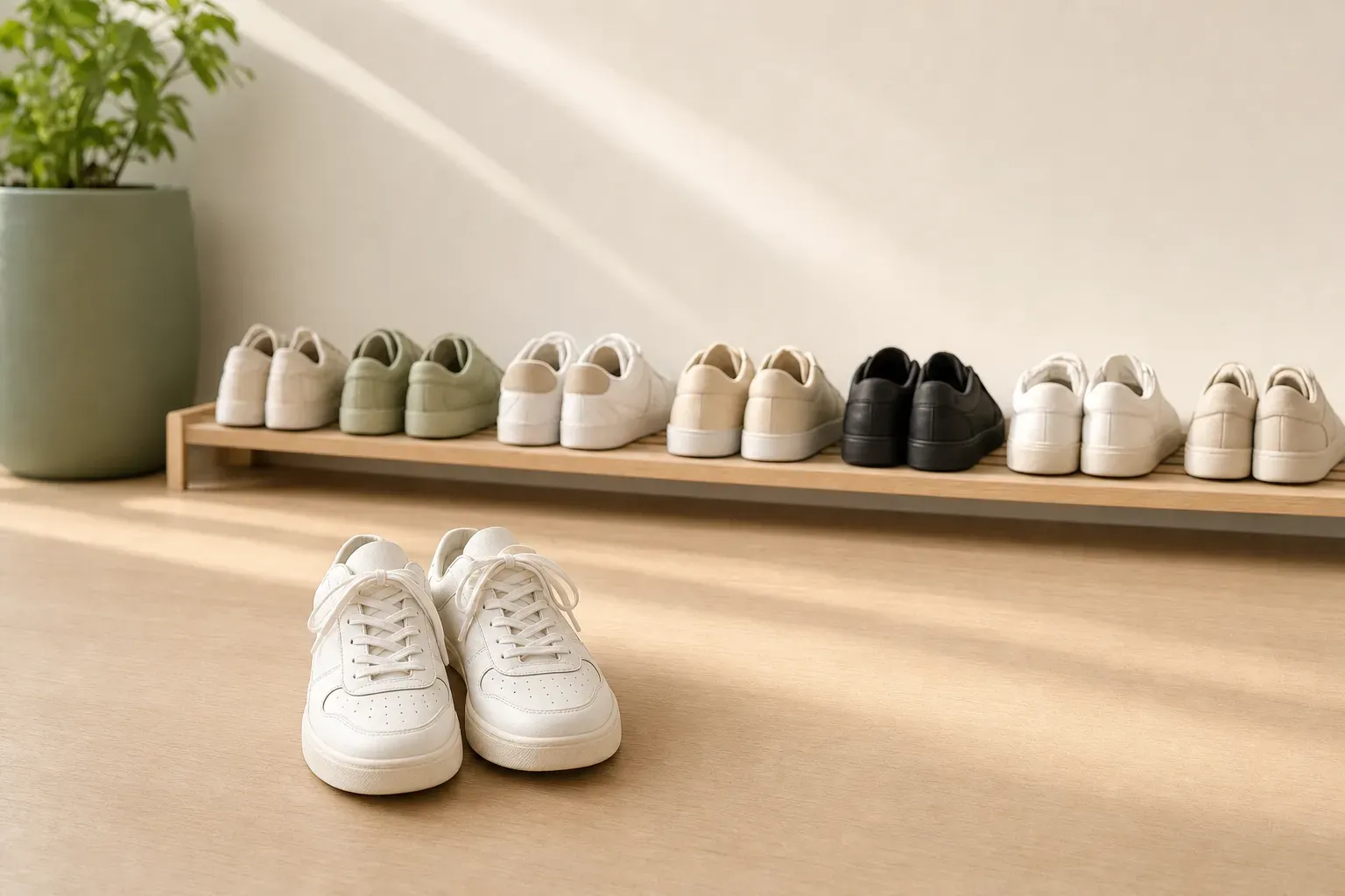 At floor level in a bright modern hallway: seven pairs of contemporary trainers lined up neatly on a pale oak shoe rack facing the wall, and one pair pulled out onto the open floor turned toward the camera — the field, and the one actually being picked.