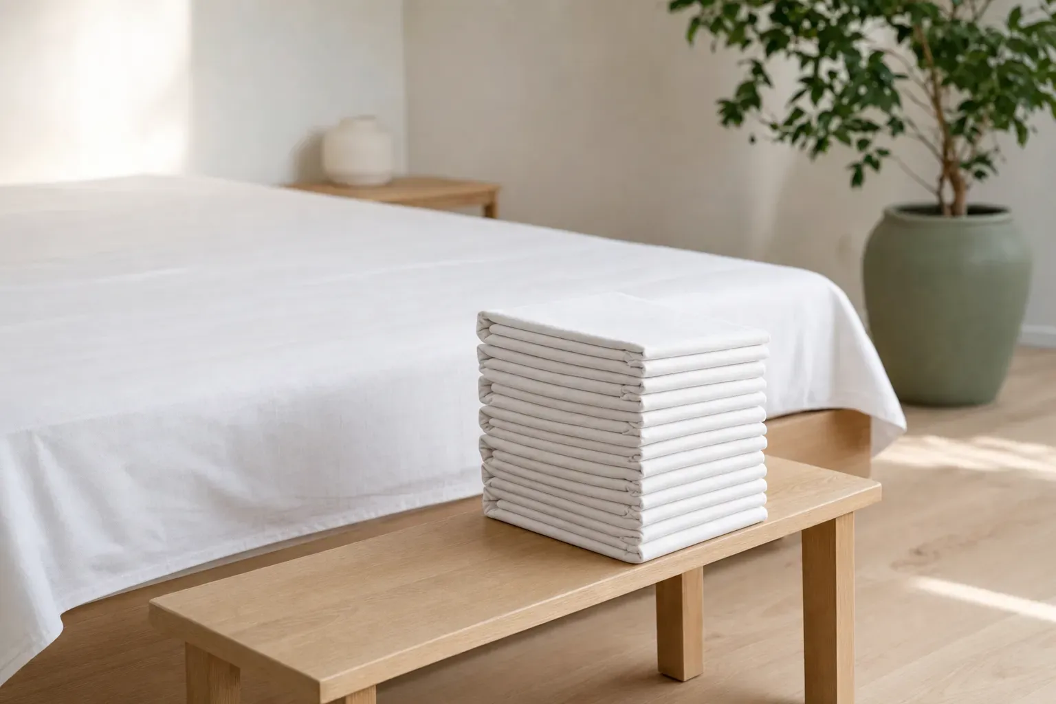 A bright modern bedroom seen at eye level: a stack of twelve identical crisply folded white linen sheets squared up on a pale oak bench at the foot of the bed, and one sheet taken from the stack laid out flat and smooth across the mattress — every prior state kept, one of them put back.