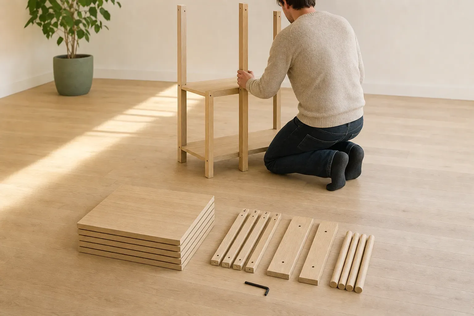 Angled down at a bright empty modern living room floor: a squared stack of identical pale oak panels, tidy groups of a few distinct cut parts, a half-built shelving frame made only from those shapes, someone kneeling beside it — the declared set bounds what can be built.