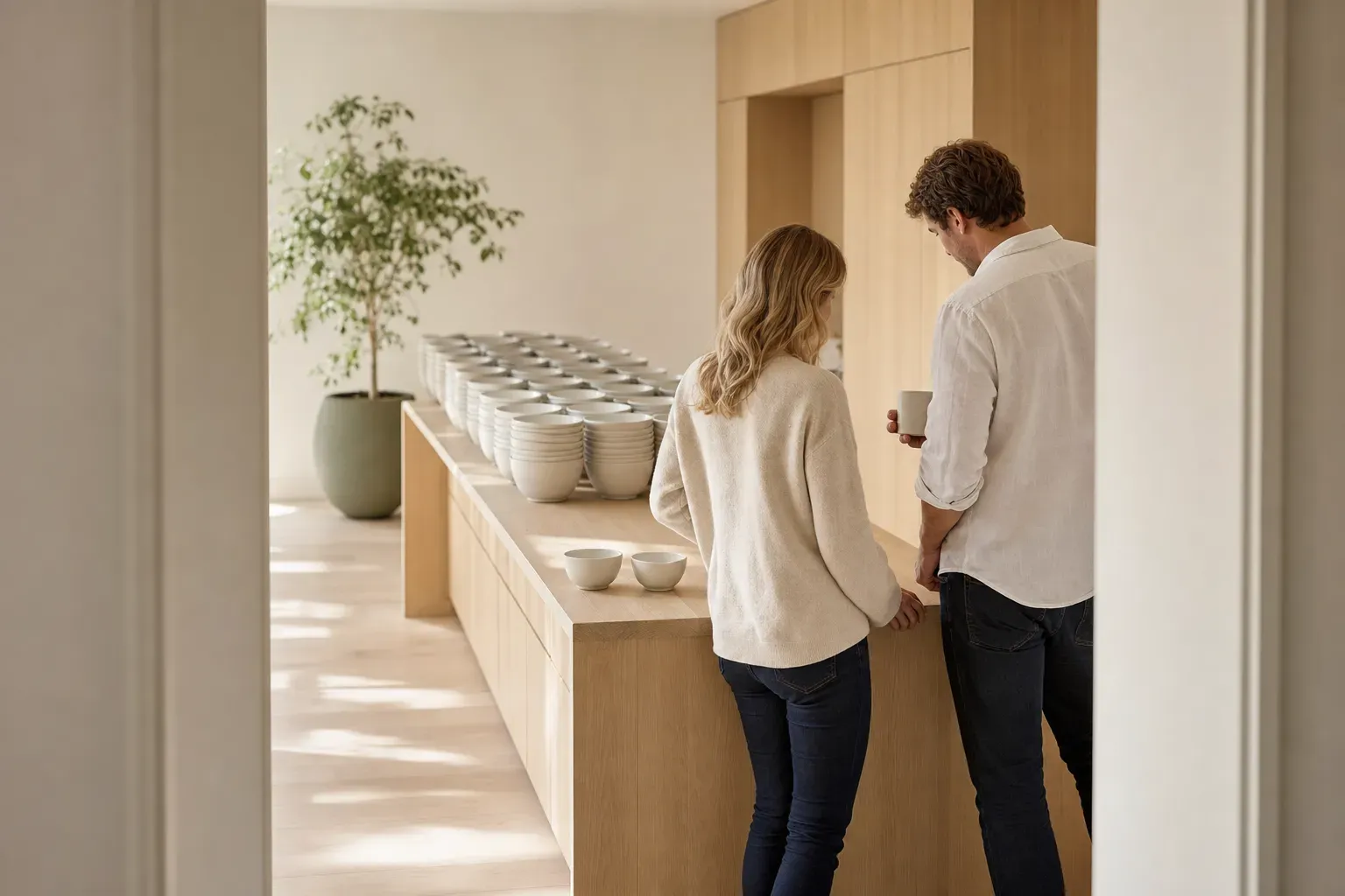 Seen through an open doorway into a bright modern kitchen: a long pale oak island with many identical white bowls already stacked in neat columns along it, and at the near end just two set out alone, with two people standing over those two.