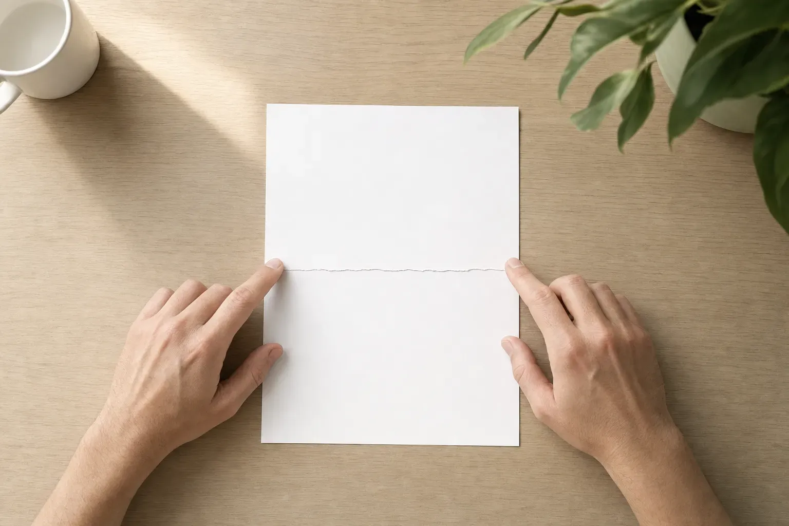 Seen from directly above a pale oak desk in bright morning light: a single white printed sheet torn cleanly in two, the halves pushed back together so the ragged seam matches exactly, with a pair of hands at the lower frame edge resting either side of the join — one thing, briefly in two pieces.