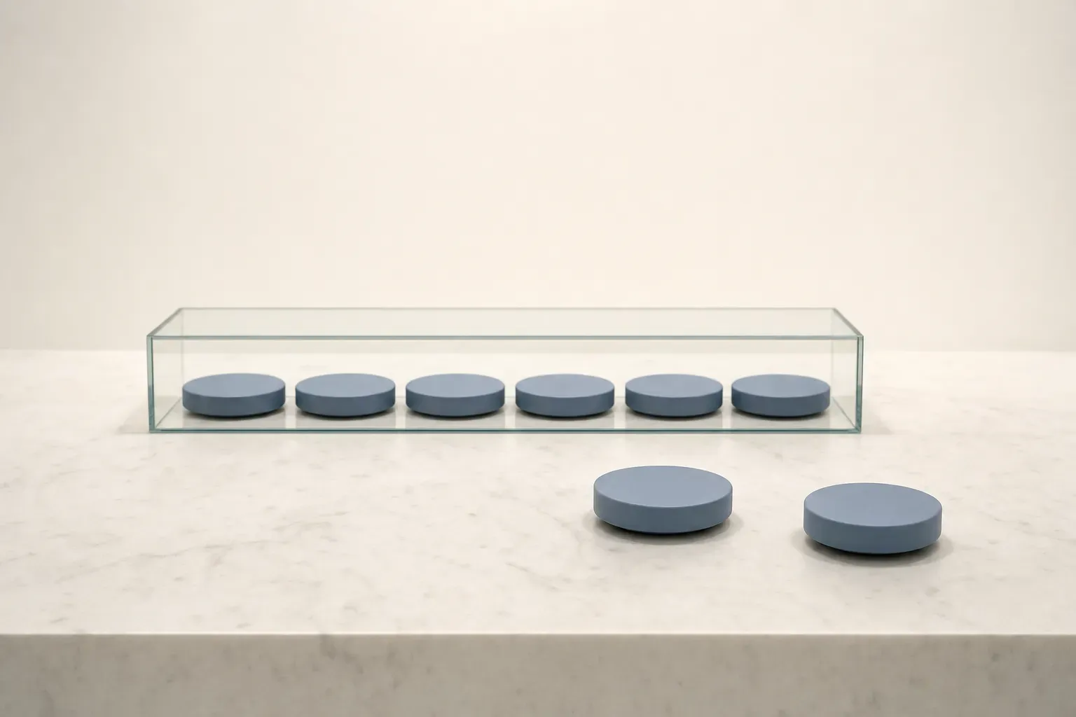 On a honed white marble meeting table under an overhead skylight: six matte dusty-blue ceramic discs sealed in a row beneath a frameless glass display cover, and two identical discs standing free on the open marble beside it, one nudged out of line — visible versus movable.