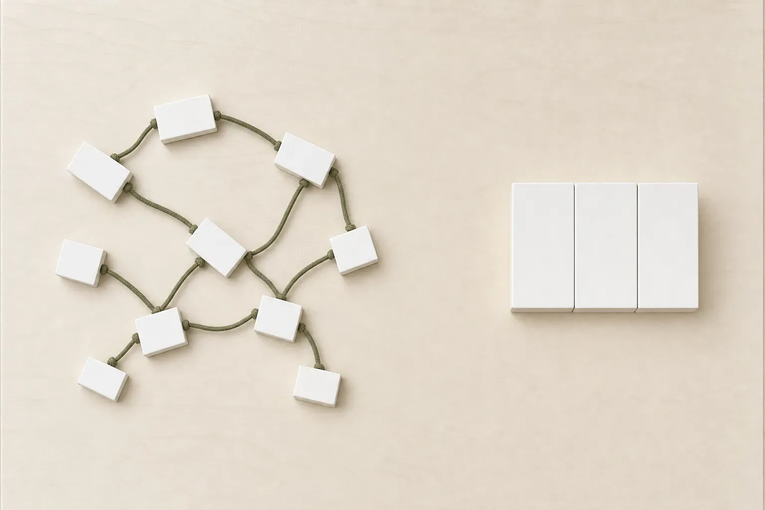 Overhead on brushed pale birch ply: three identical plain matte-white blocks standing together with nothing joining them, beside nine smaller blocks tangled to each other by short olive cords — three things to keep alive, or a dozen.