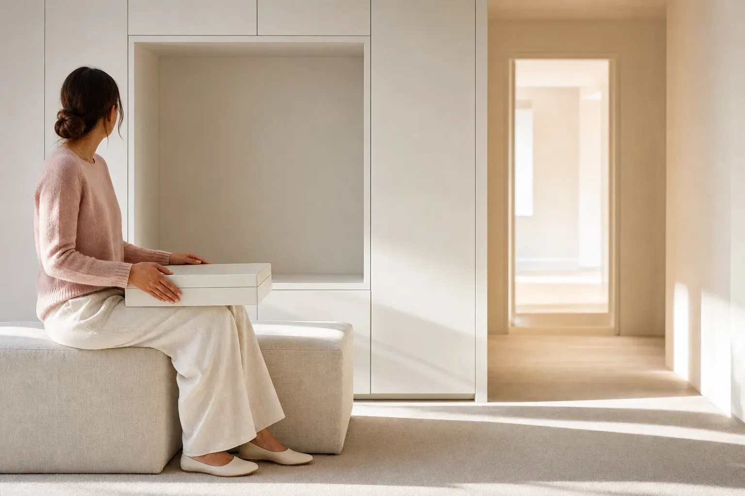 A woman in a blush knit sits on an oatmeal linen bench in a bright white storage alcove, a plain closed white case flat across her knees, the built-in niche behind her standing empty — the record no longer kept in someone else's shelving, simply held.