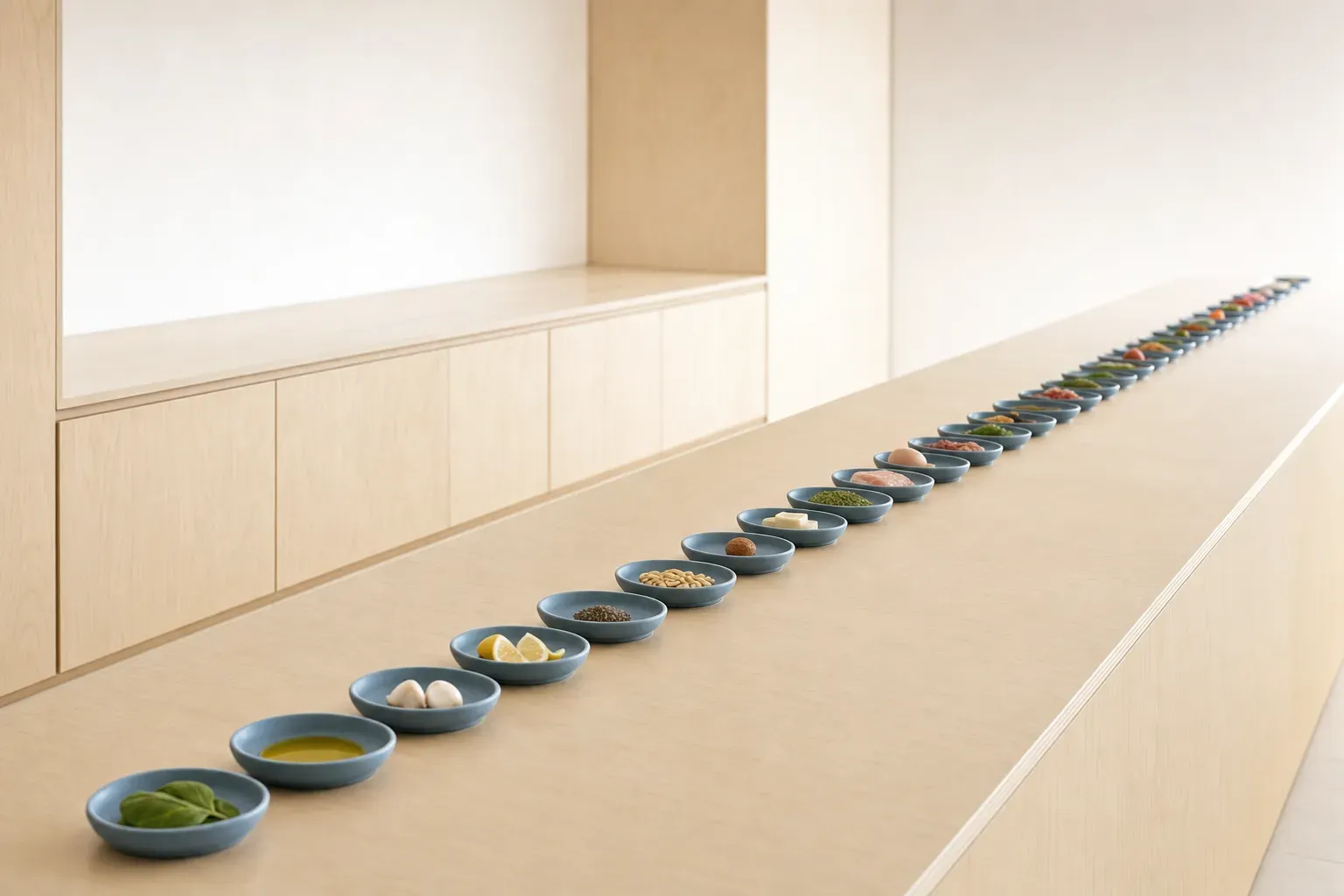 Eye level down a brushed pale birch plywood kitchen island in a bright, empty modern kitchen: a long receding row of small identical dusty-blue dishes, each holding one separate ingredient of a single meal, with no serving plate anywhere in frame — every part present, nothing whole.