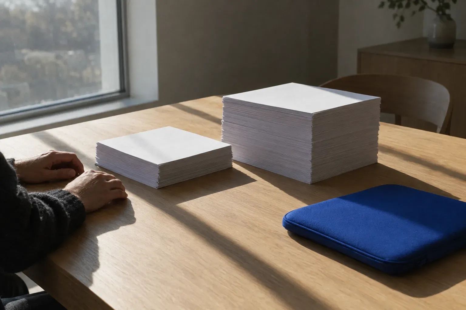 Two stacks of plain A4 paper of very different heights on a sunlit contemporary oak table, hands resting beside the shorter one, a cobalt blue laptop sleeve lying at the right.