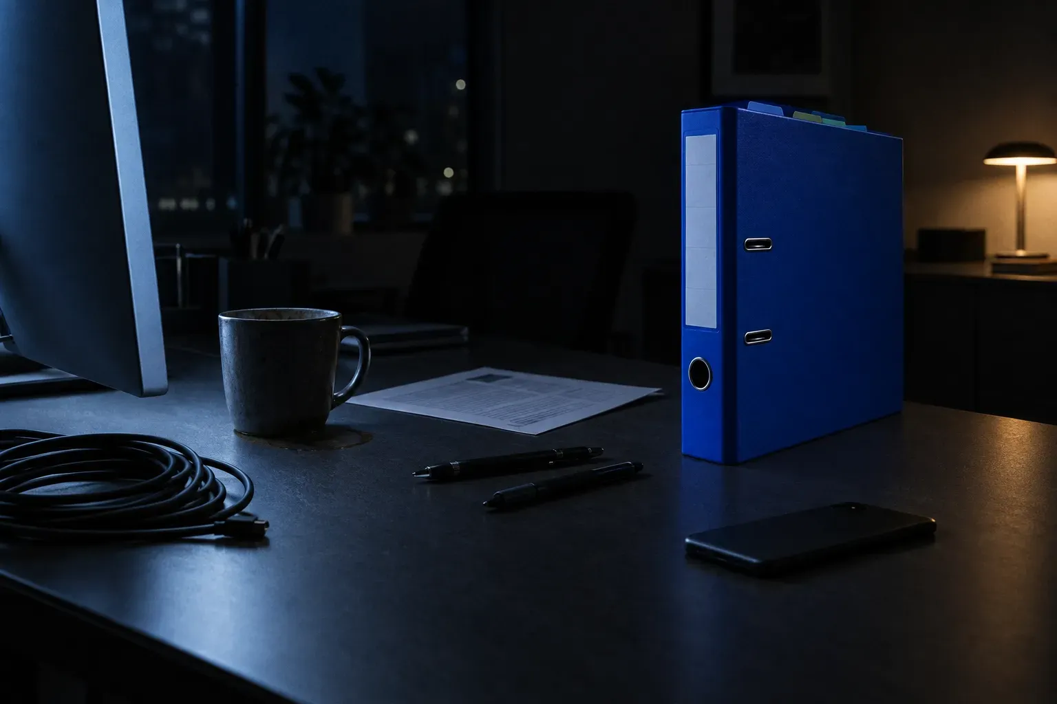 A cobalt blue lever-arch file with tabbed dividers standing on a dark contemporary desk at night, a coiled cable, a used mug, two pens and a sheet of paper askew around it.