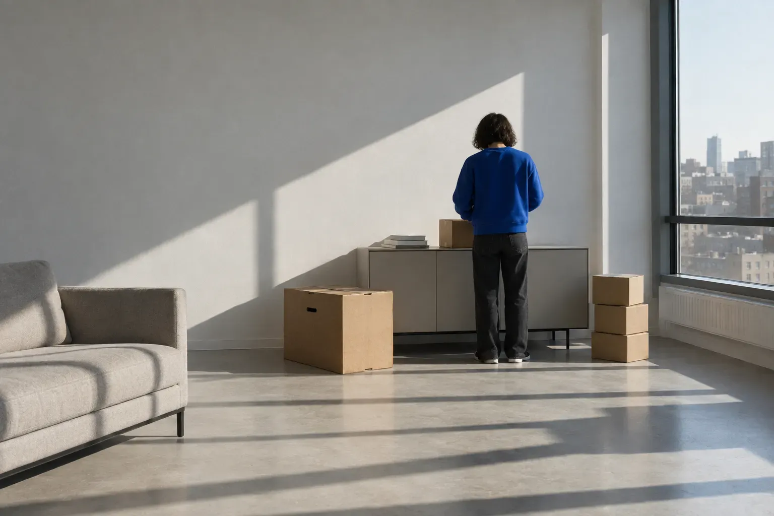 A wide bright apartment room in hard raking sun: a person in a cobalt blue sweatshirt standing at a sideboard, one large crate beside them and three smaller boxes stacked apart.