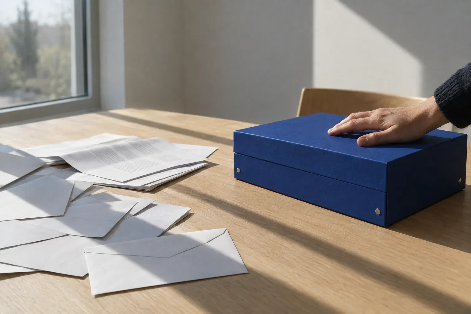 A spread of plain white envelopes and printed sheets across a sunlit contemporary oak table, a hand resting on a closed cobalt blue A4 box file at the right.
