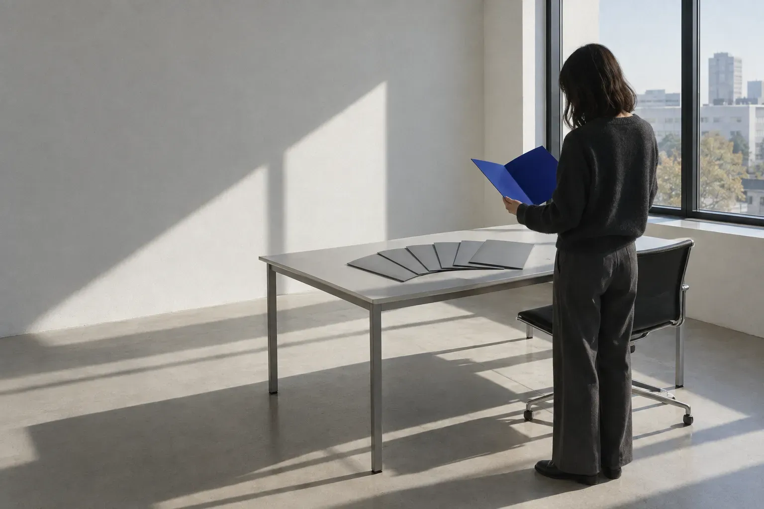 A bright modern office in raking sun: a person seen from behind holding an open cobalt blue folder, five plain grey folders fanned across the steel table in front of them.
