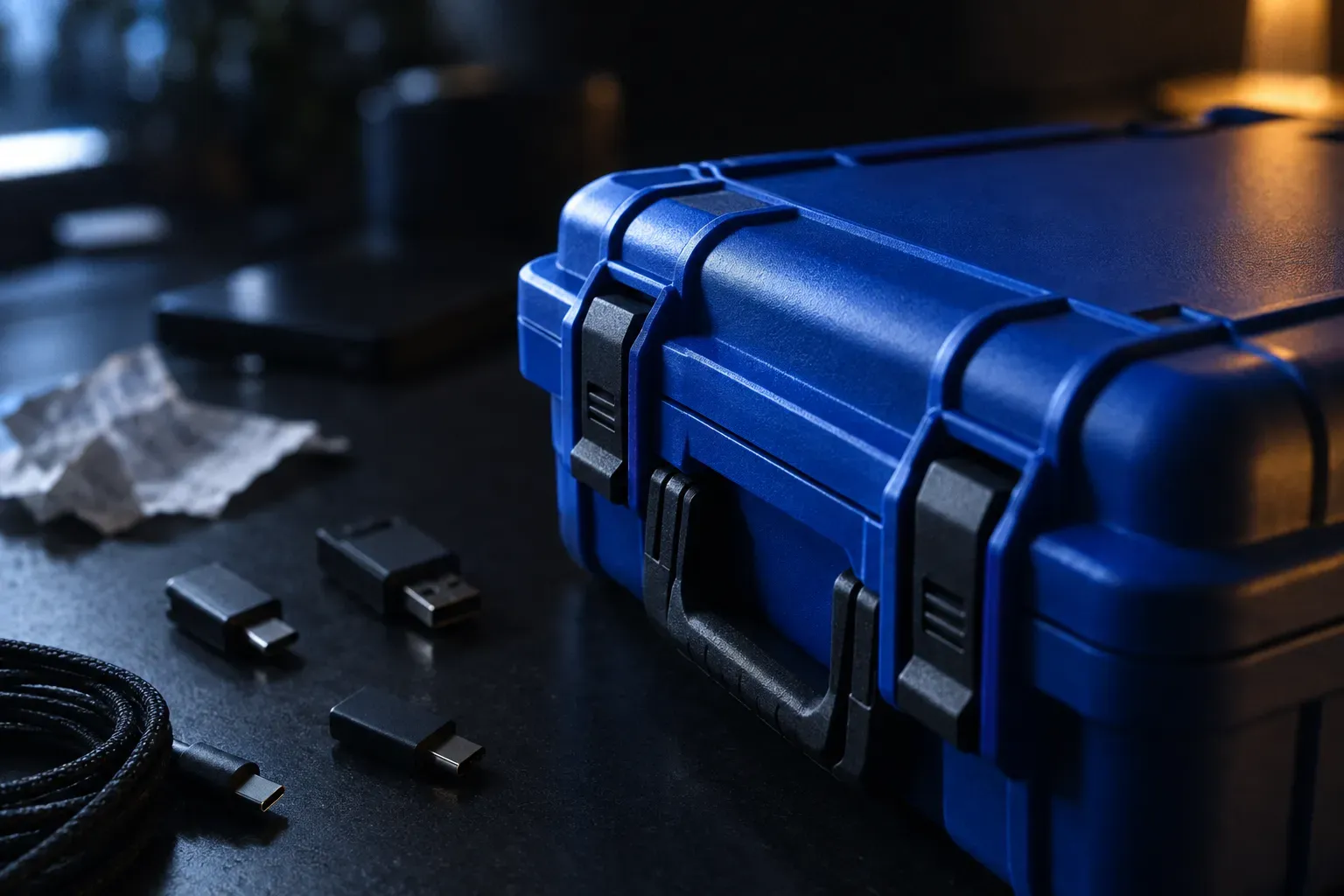 Tight macro of a closed cobalt blue moulded hard equipment case filling the right of a dark desk at night, latches sharp, scattered dark adapters and a coiled cable falling out of focus behind.