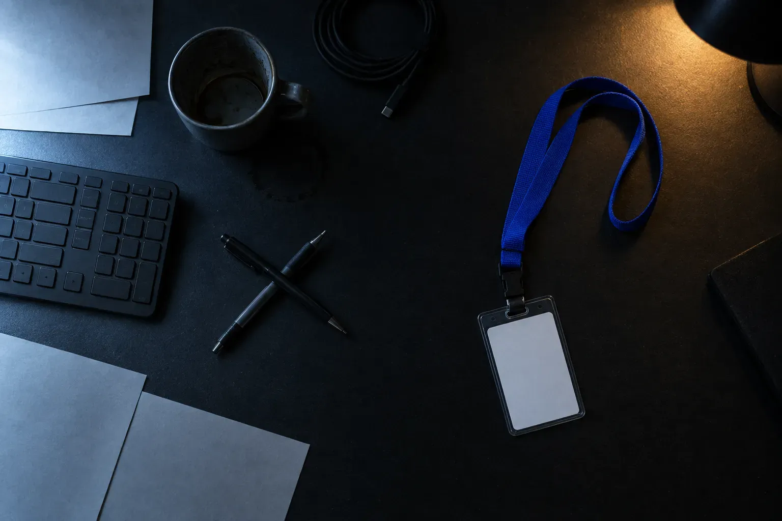 Straight down on a dark desk at night: a keyboard, loose paper, a used mug and crossed pens, with a cobalt blue lanyard and a completely blank white card laid out at the right.