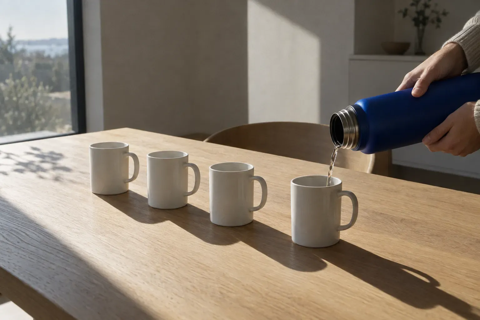 Four identical white mugs in a line on a sunlit contemporary oak table, hands tilting a cobalt blue vacuum flask to pour into the last one.