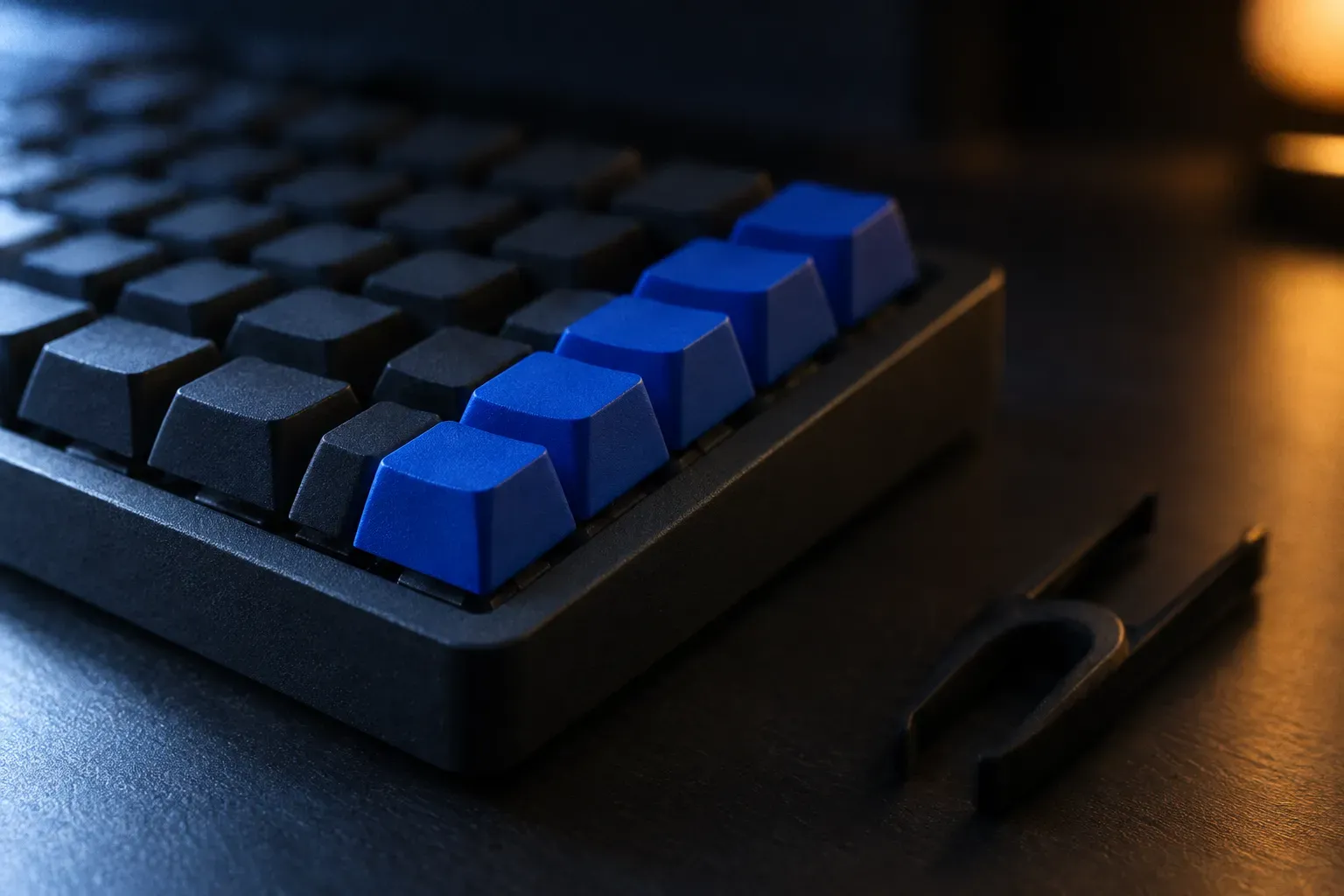 Macro of a dark mechanical keyboard on a desk at night with one row of keycaps swapped for matte cobalt blue ones, the rest falling into soft bokeh.