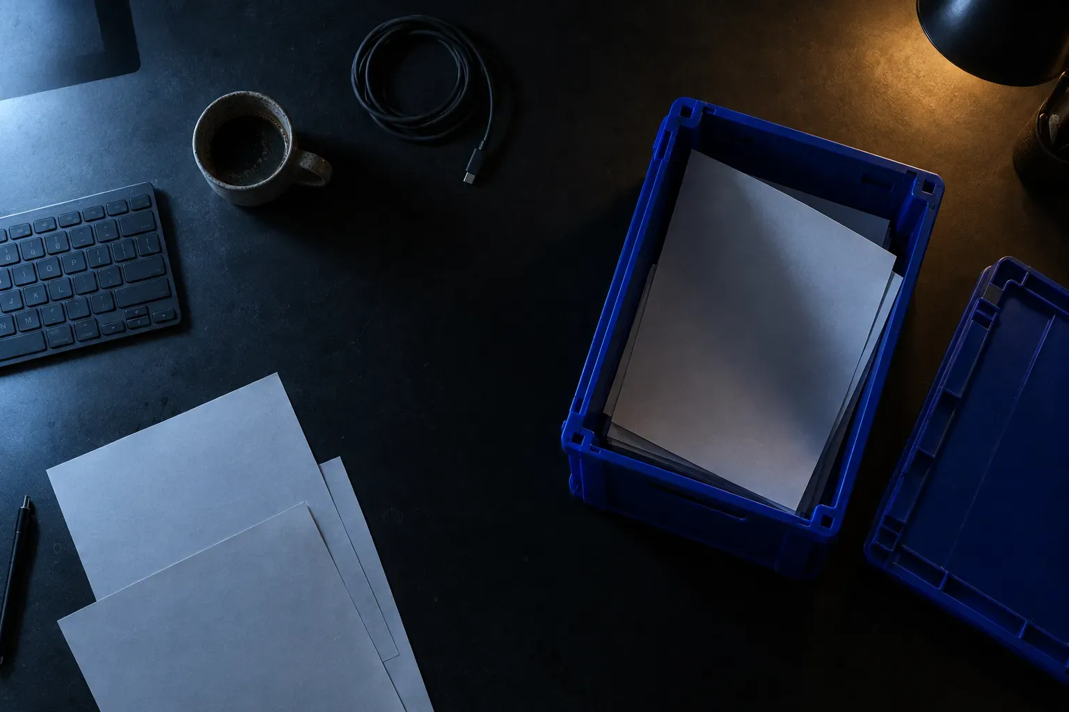 Overhead view of a dark desk at night: a cobalt blue document crate with its lid set aside and plain papers half lifted out, beside a keyboard, mug and coiled cable.
