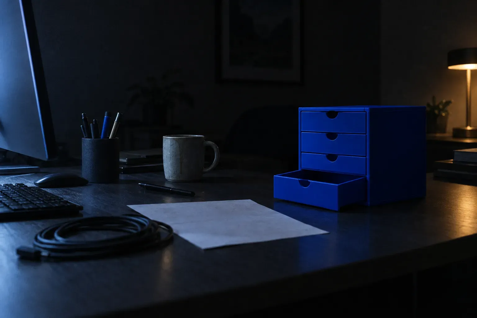 A small cobalt blue moulded drawer unit on a dark desk at night with exactly one of its identical drawers pulled open and empty.