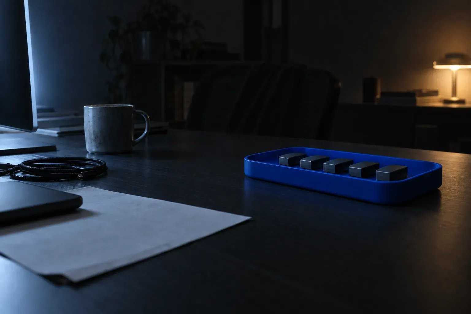 A shallow cobalt blue moulded tray on a dark desk at night holding five identical small dark anodised blocks in one neat row.