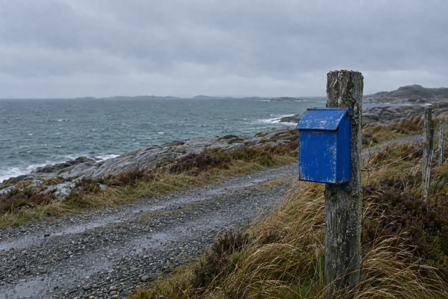 A small cobalt blue painted post box with its flap closed, mounted on a weathered fence post beside a gravel track along a Norwegian shoreline.