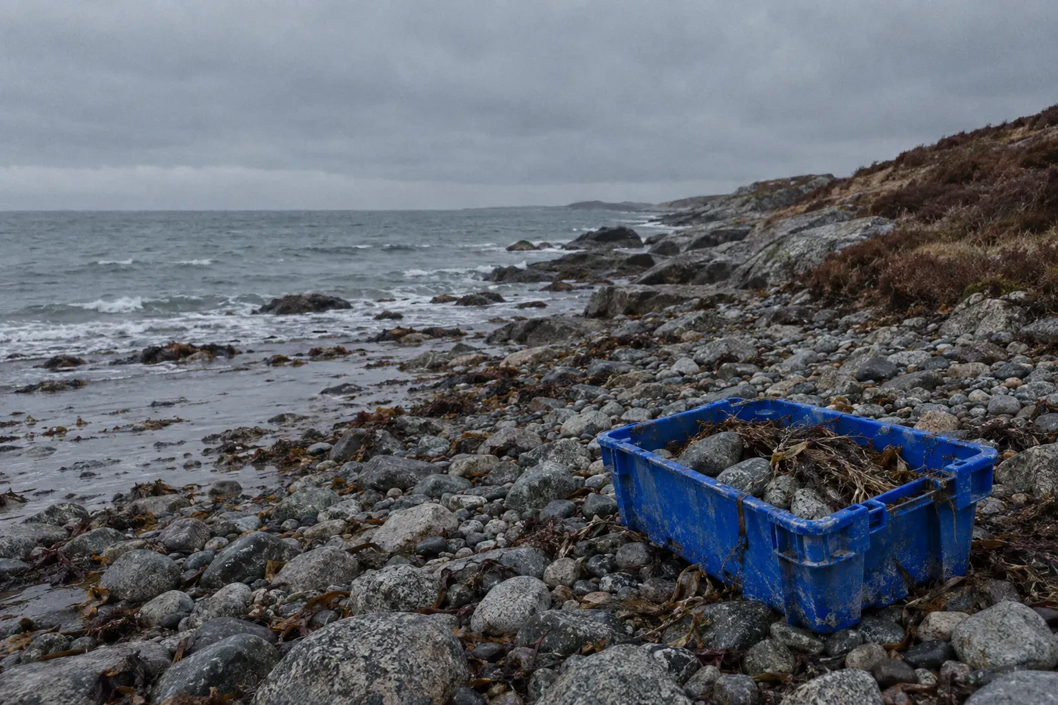 A battered cobalt blue plastic crate left on a Norwegian shingle tide line, already half filled with rounded grey stones and dry weed, cold sea beyond.