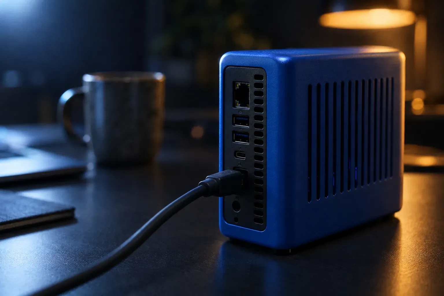 Macro of a small matte cobalt blue mini-server box on a dark desk at night, its vents and port cluster sharp, a single cable entering it, the room soft behind.