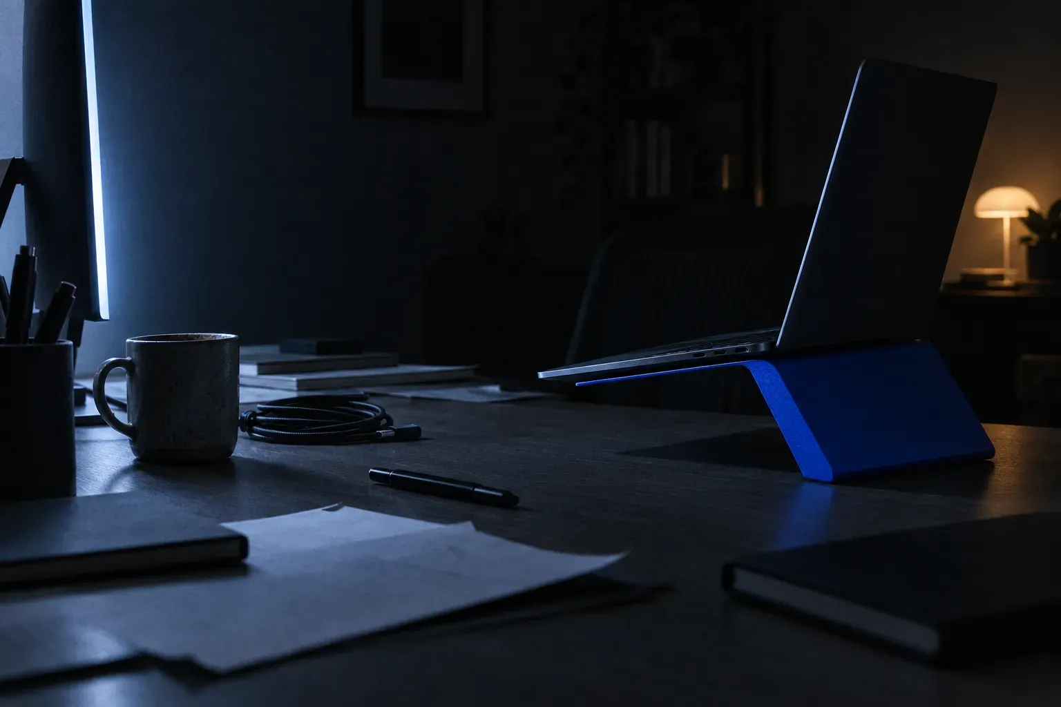 A dark laptop raised on a matte cobalt blue aluminium stand on a contemporary desk at night, a mug, coiled cable and loose paper around it.